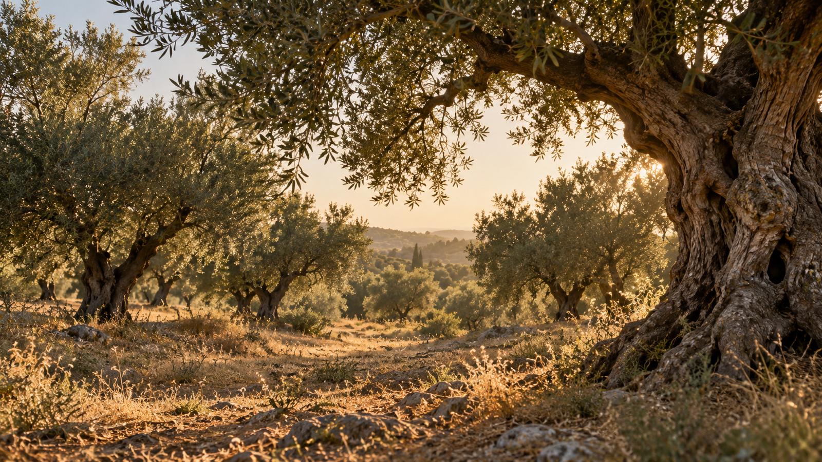 An atmospheric olive grove in warm afternoon light